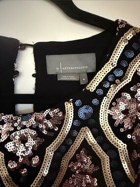Anthropologie Black Sequin Embroidered Evening Dress with Gold and Rose Accents